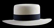 Marcie Polo Montecristi Panama hat with a “sort of flat” brim viewed from the front