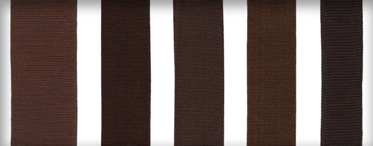 Ribbons in Jamaica Brown, Havana Brown, Fall Brown, Naples Brown, and Charcoal Brown shown in various widths
