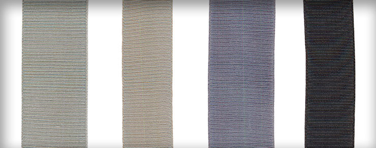 Ribbons in Silver Sand, Happy Gray, and Storm Gray shown in various widths
