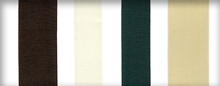 Ribbons in Chocolate Brown, Bone White, and Forest Green shown in various widths