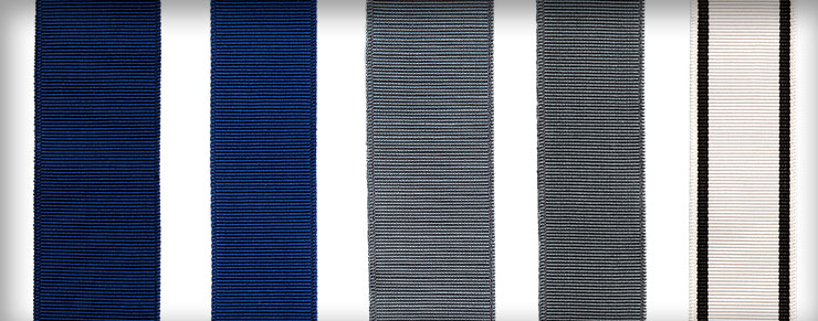 Ribbons in Mediterranean Blue, Cool Blue, and Deco 1 shown in various widths