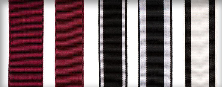Ribbons in Cabernet, Tuxedo 1, Tuxedo 2, and Deco 2 shown in various widths